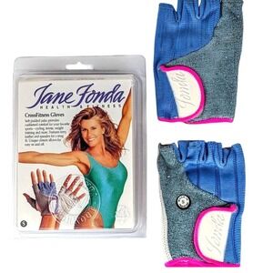 Jane Fonda CrossFitness Gloves S - Vintage 90s NIP Leather Fingerless Pink Blue